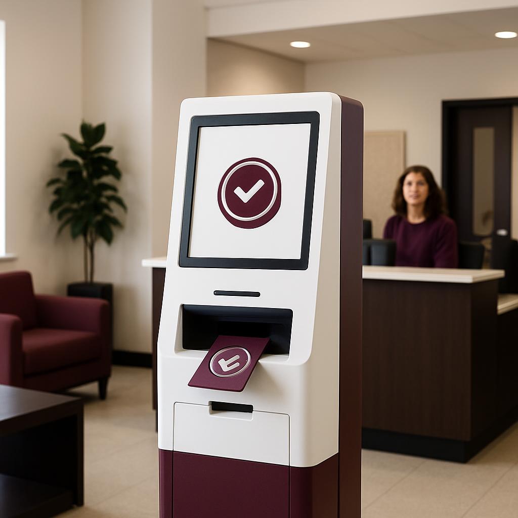 Kiosk with white and red sections and a screen, standing in an office room with a woman at a reception desk and a red armc...