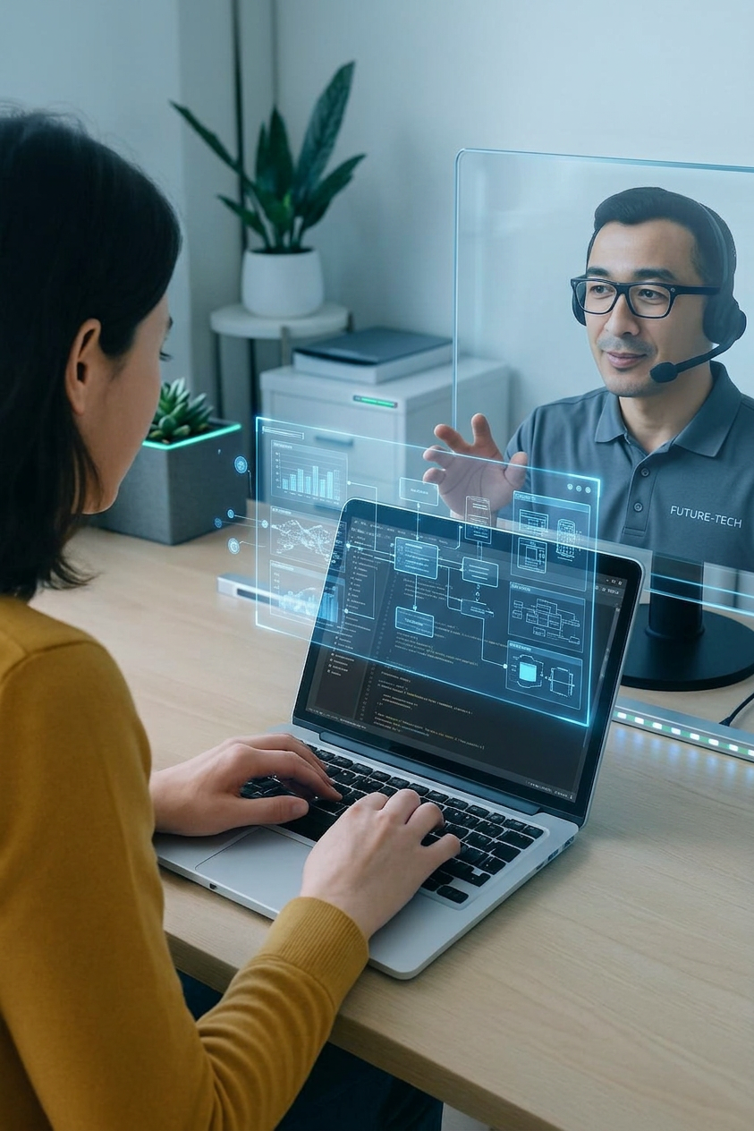 A real-life looking scene of a user receiving specialist support via email correspondence, featuring a person at a desk engaging with a laptop, open email interface visible, professional, realistic office setting. No cartoons or illustrations.