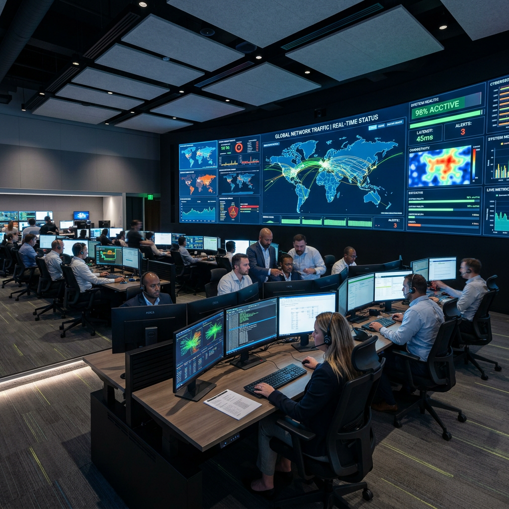 Team of cybersecurity professionals working at desks with multiple monitors displaying global network traffic and system status