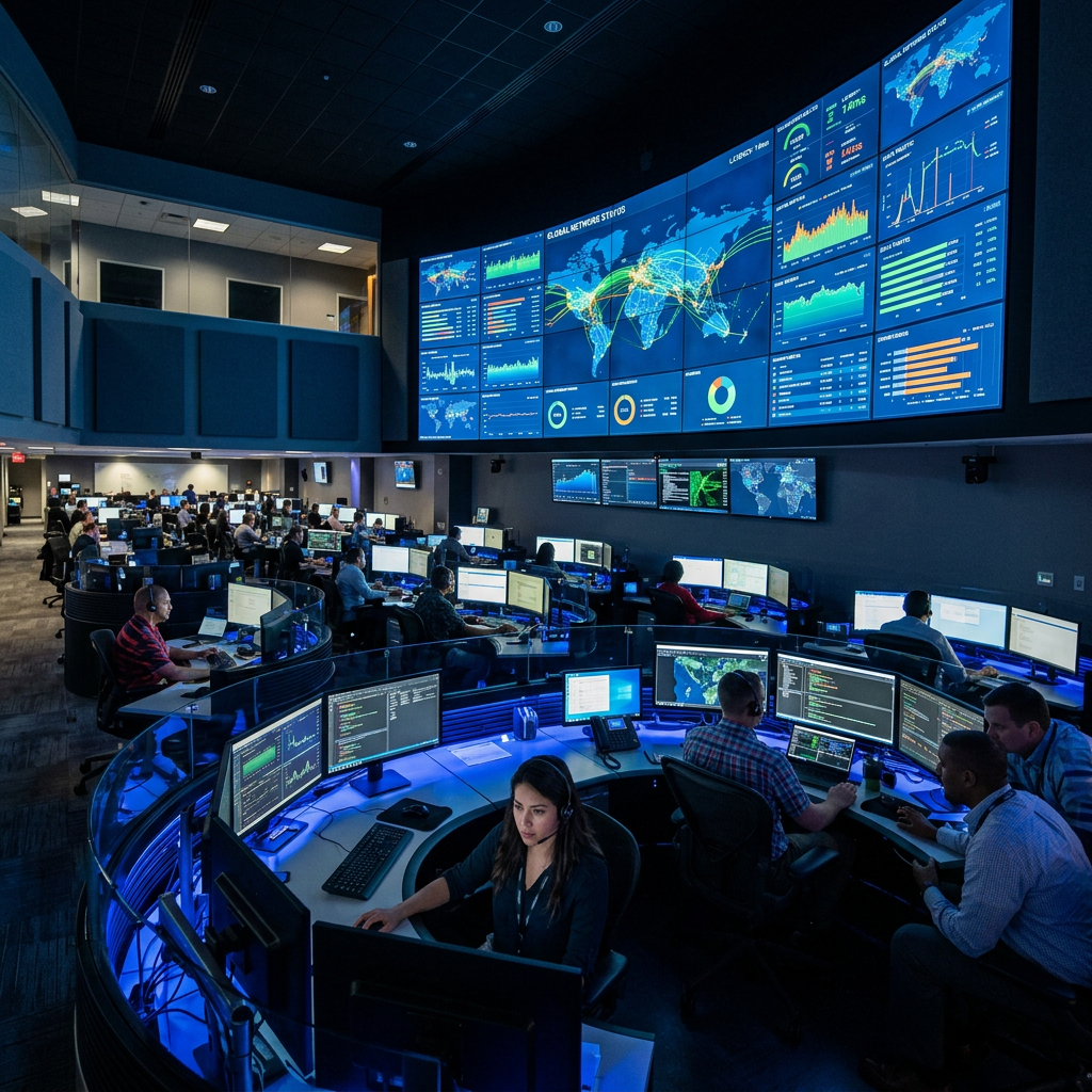 People working at multiple computer stations monitoring global network data on large screens