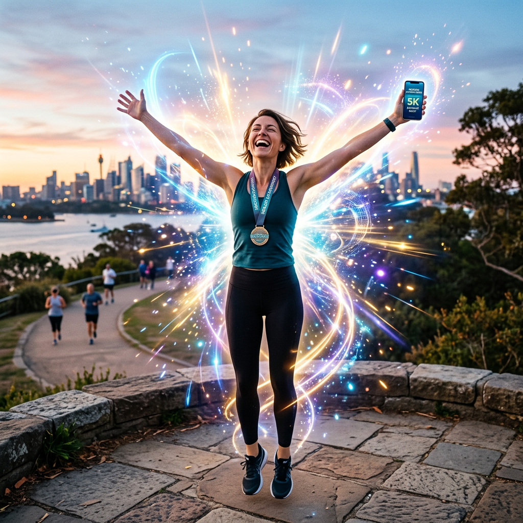 Woman holding smartphone displaying 5K race result, wearing medal with arms raised