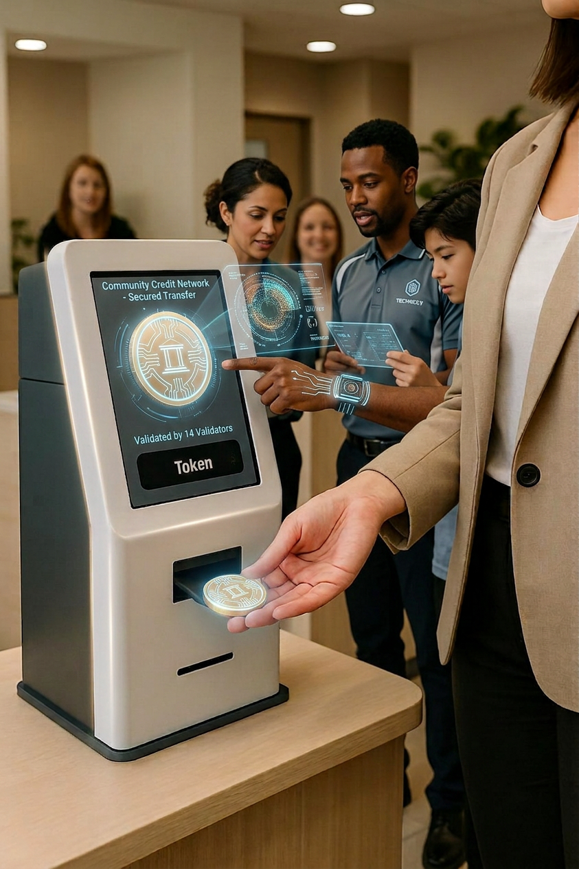 The alt text for the image is: "A woman in a professional outfit inserts a coin into a machine in an office setting."