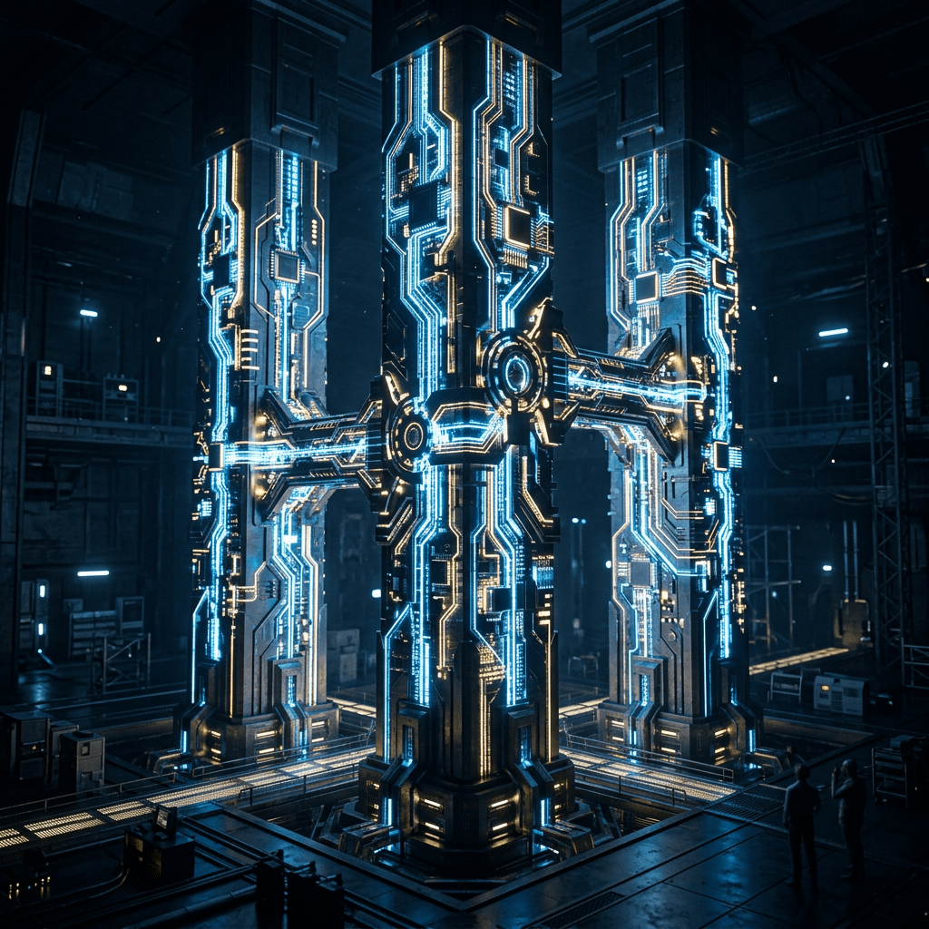 Four tall pillars with glowing blue and gold circuit patterns in an industrial setting