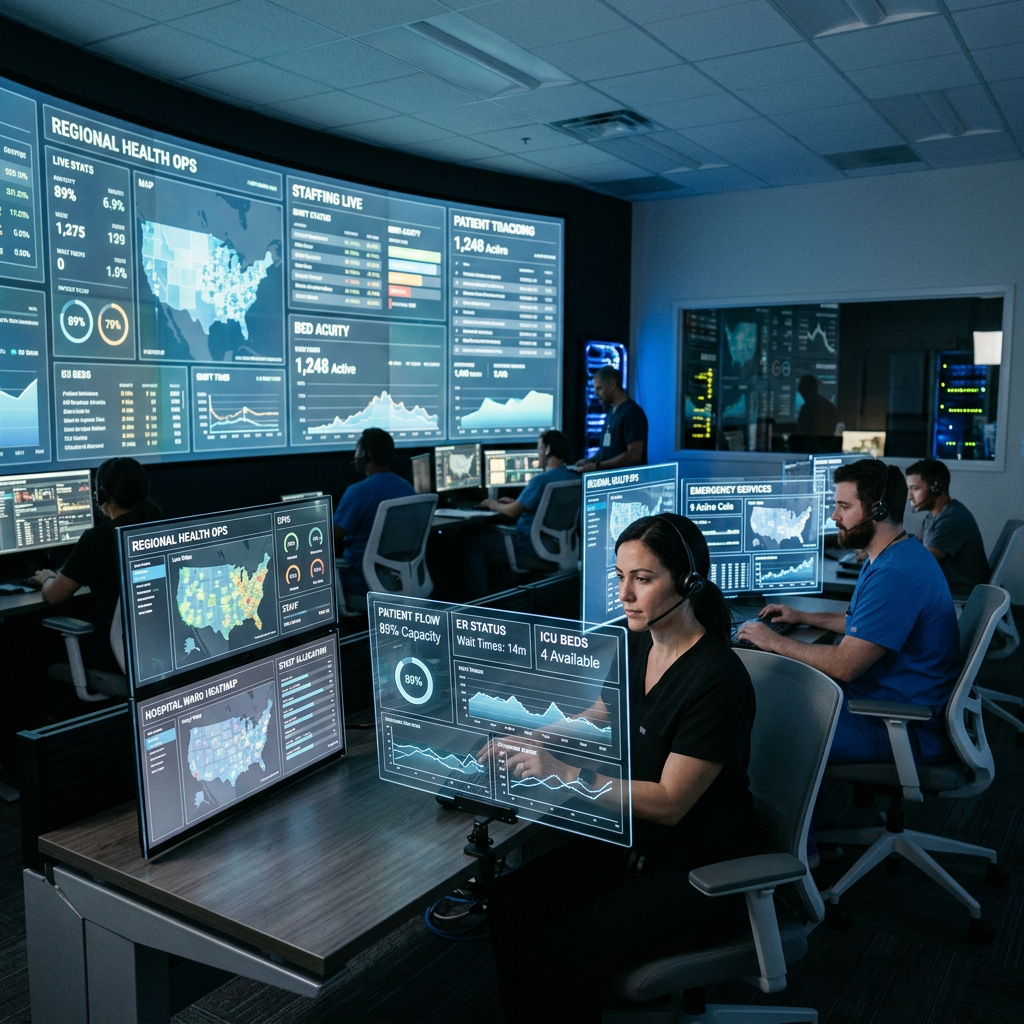 Healthcare workers with headsets monitor digital dashboards displaying health statistics and maps