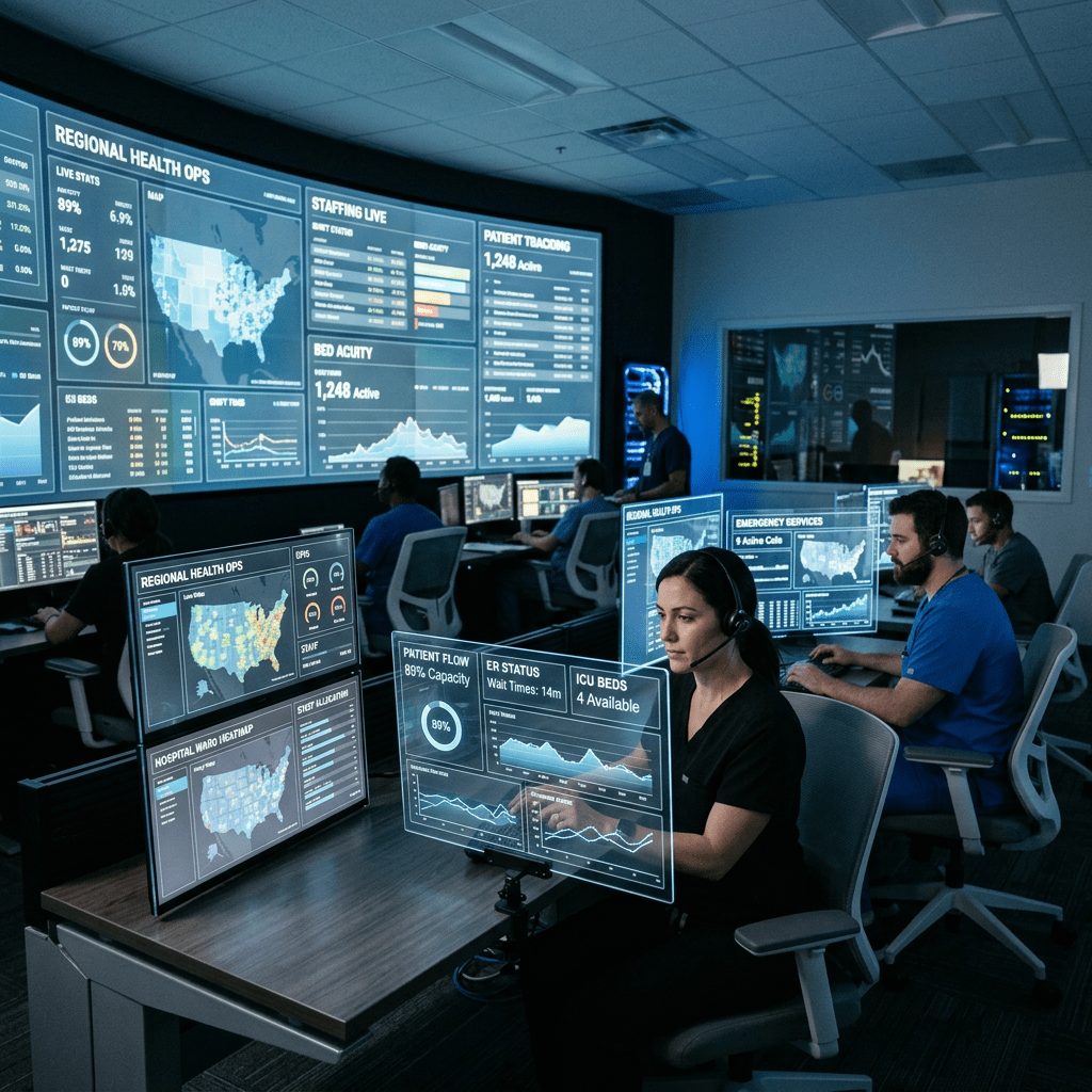 Healthcare workers with headsets monitor digital dashboards displaying health statistics and maps