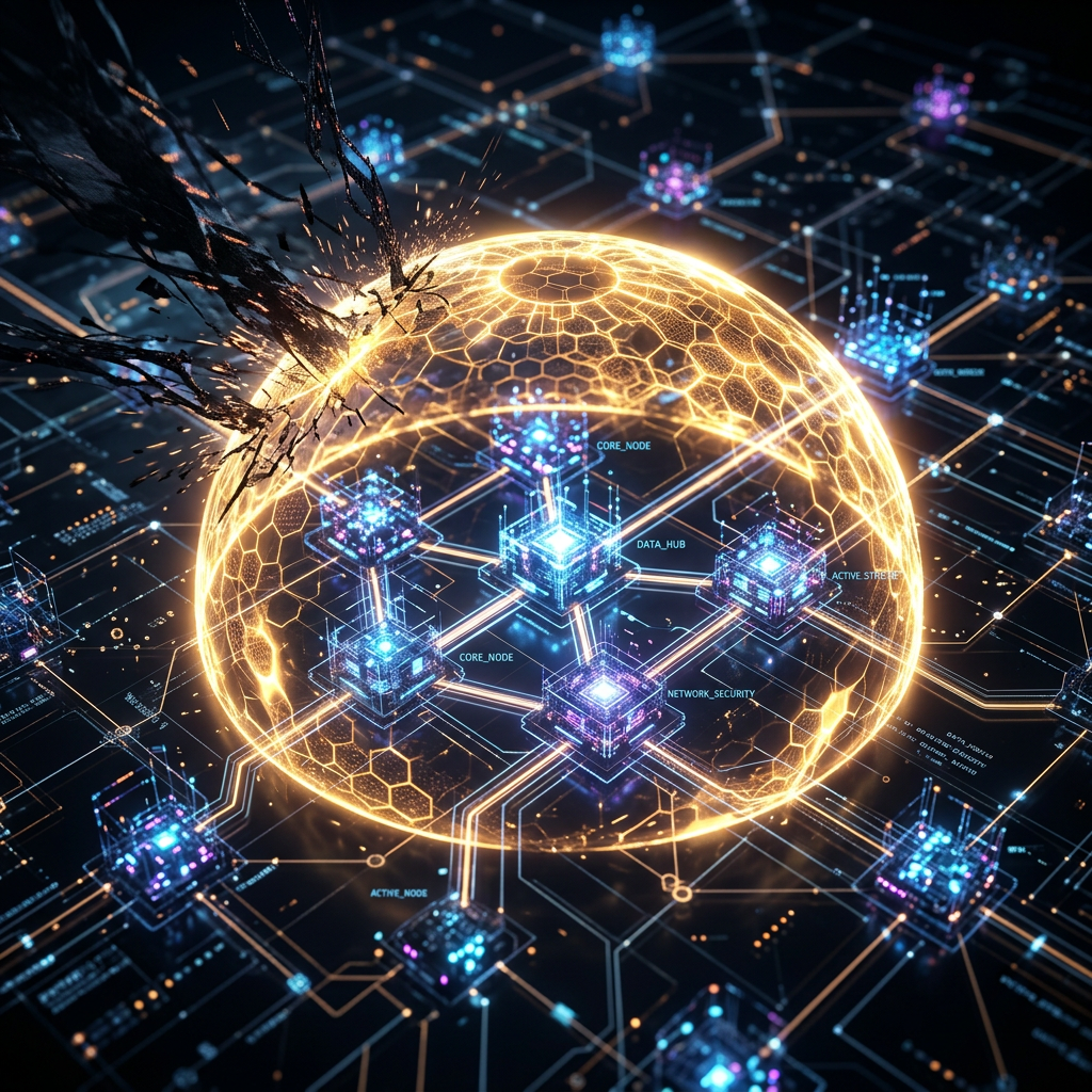 Digital network map with glowing shield breaking under cyberattack